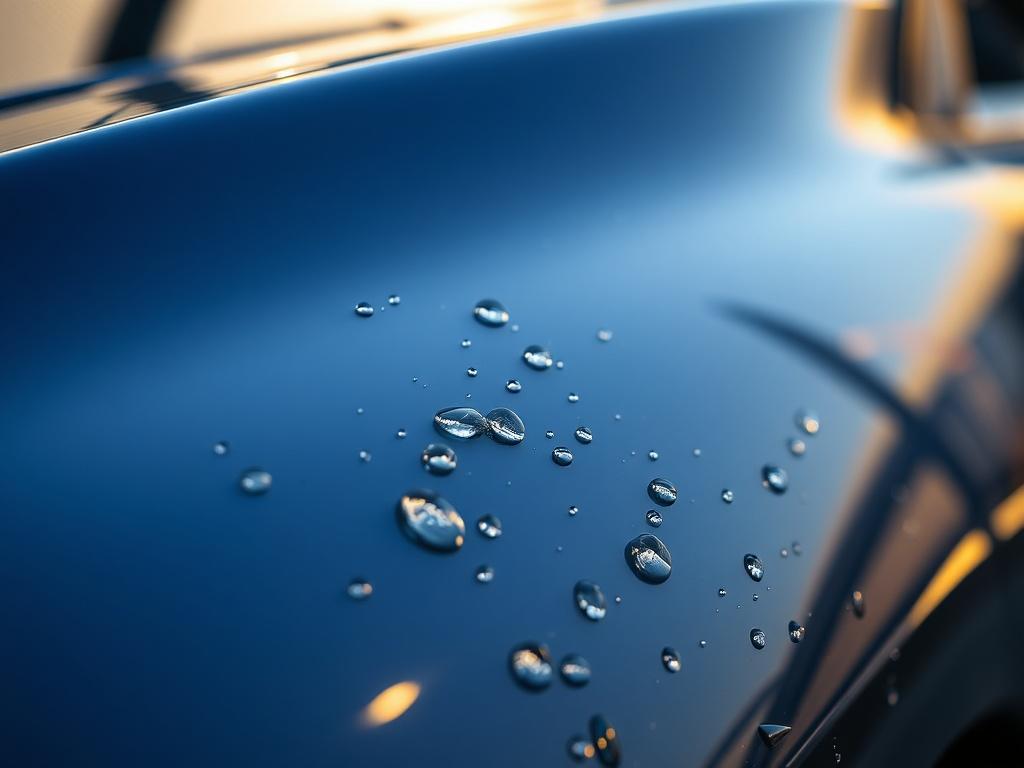 A close-up shot of a sparkling clean car exterior, taken with a 45mm f/1.2 lens. The focus is on the glossy finish of the car, showcasing water droplets sliding off the surface. The background is softly blurred to emphasize the car's shine, and the scene conveys a sense of freshness and cleanliness, with a warm, inviting light.