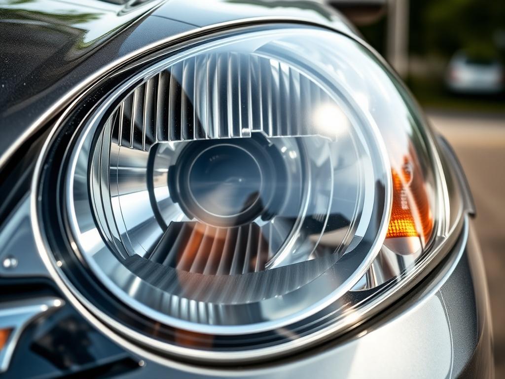 A close-up shot of a restored car headlight, showcasing its crystal-clear lens and shiny surface. The image should capture the contrast between the restored headlight and a nearby cloudy one, emphasizing the clarity achieved. The background should be softly blurred to highlight the headlight, with natural outdoor lighting to accentuate the details. The photo should convey a sense of transformation and clarity, shot with a 45mm f/1.2 lens.