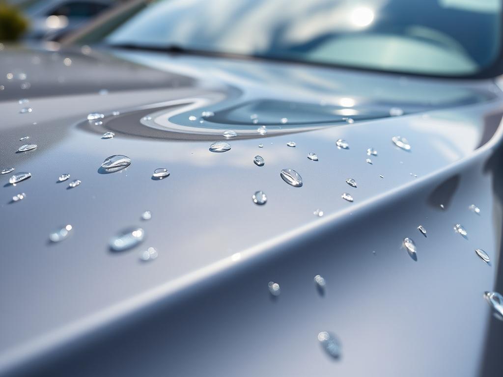 A close-up shot of a gleaming car exterior after a thorough wash, showcasing the shiny paint and clear reflections. The focus is on the car's surface where water droplets are still glistening. The background should be blurred to emphasize the car while maintaining a sunny outdoor setting. The image should evoke a sense of cleanliness and freshness, shot with a 45mm f/1.2 lens to enhance the details.