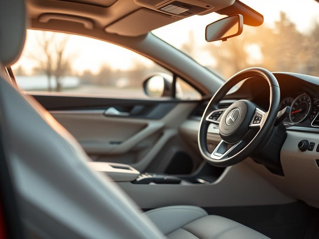 A close-up shot of a pristine car interior, highlighting clean upholstery and a spotless dashboard. The focus should be on the textures of the materials and the shine of surfaces, with soft lighting to create a warm and inviting atmosphere. The background should be subtly blurred to keep attention on the details of the interior. The image should evoke a sense of cleanliness and comfort, captured with a 45mm f/1.2 lens.