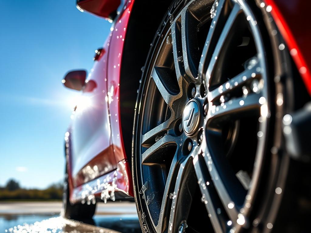 A hyper-realistic close-up shot of a car being hand washed, showcasing shiny wheels and sparkling water droplets, with a clear blue sky in the background. The focus should be on the car exterior with bright colors, capturing the details of the wheels and the water reflecting sunlight, shot with a 45mm f/1.2 lens.
