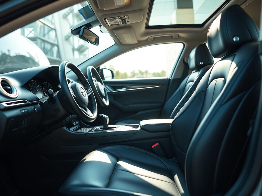 A hyper-realistic close-up shot of a gleaming car interior, highlighting leather seats and detailed dashboard, with natural light streaming in. The background should be softly blurred to keep the focus on the pristine interior details, shot with a 45mm f/1.2 lens.