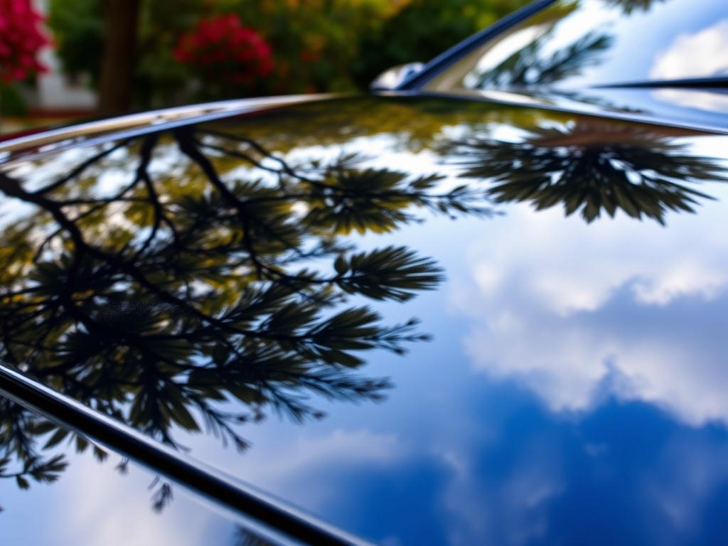 A hyper-realistic close-up of a freshly detailed car hood with a glossy finish, showcasing reflections of trees and sky. The shot should emphasize the shine of the paint and the meticulous detailing work, with a vibrant background that contrasts the car's surface, captured with a 45mm f/1.2 lens.