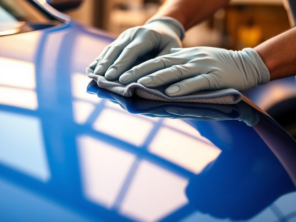 A hyper-realistic close-up shot of a gleaming car hood being detailed by a professional. The scene captures the detailer's hands working with a high-quality microfiber cloth, showcasing the shine of the paint. The background is softly blurred, emphasizing the car's surface, with warm sunlight reflecting off the paint, enhancing the vibrant colors. The composition highlights the meticulous care taken in the detailing process.
