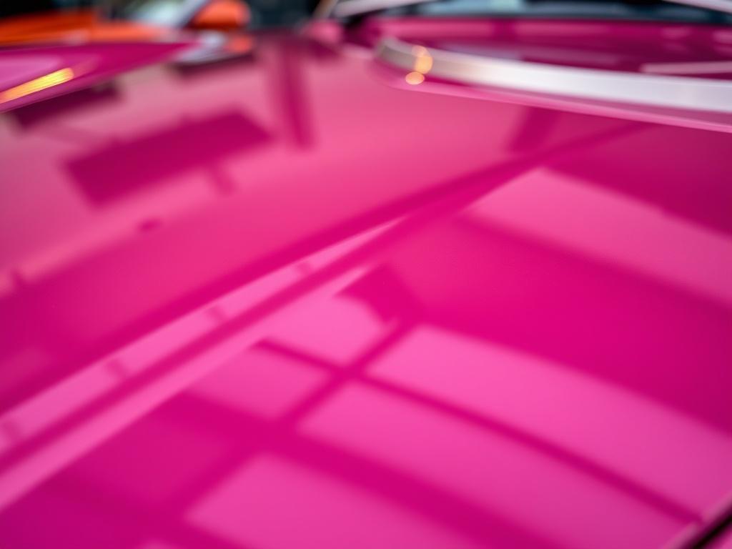 A close-up shot of a beautifully detailed car hood, showcasing a high-gloss finish. The image should have a rich, vibrant color palette, focusing on the reflections in the paint. Capture the intricate details of the car's surface with a shallow depth of field, using a 45mm f/1.2 lens style. The background should be blurred, emphasizing the car's shine and craftsmanship.