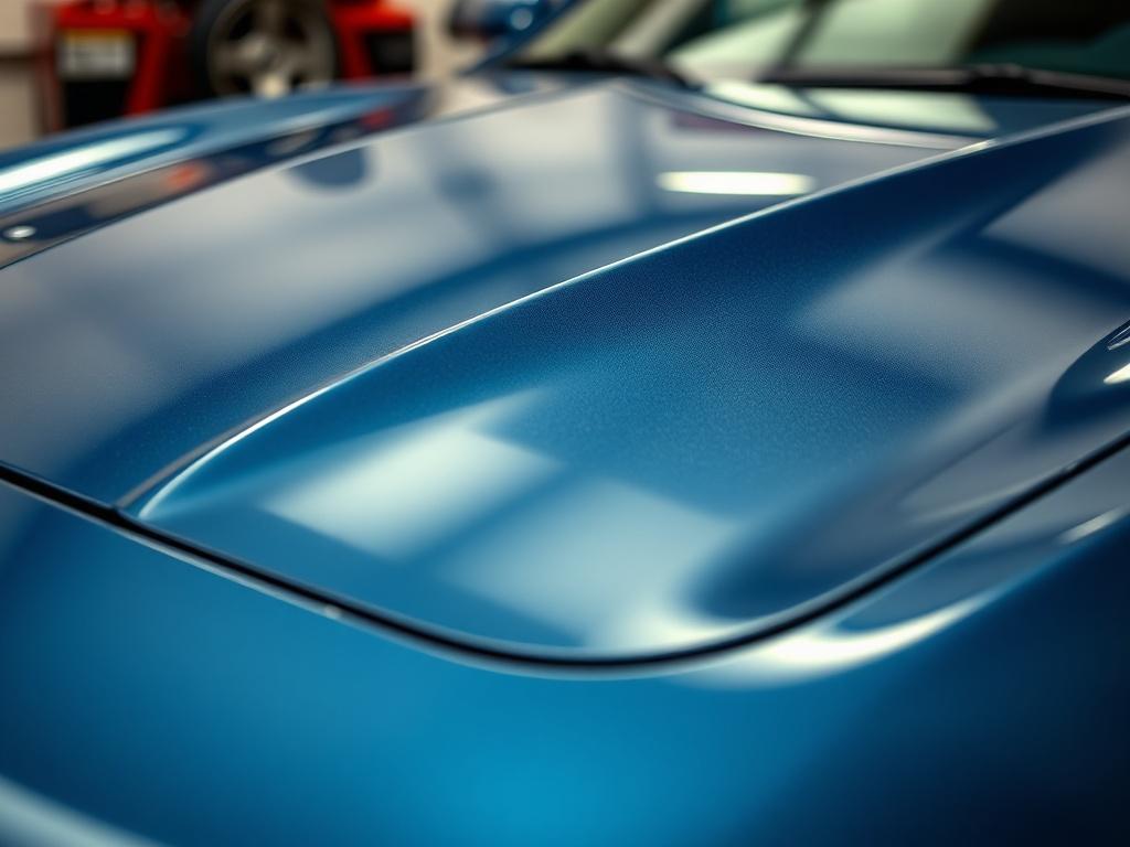 A high-resolution close-up shot of a gleaming car hood after detailing, showcasing the shine and clarity of the paint. The background is softly blurred, emphasizing the reflections and details of the car's surface. The lighting highlights the contours and depth of the color, creating an inviting and luxurious feel.