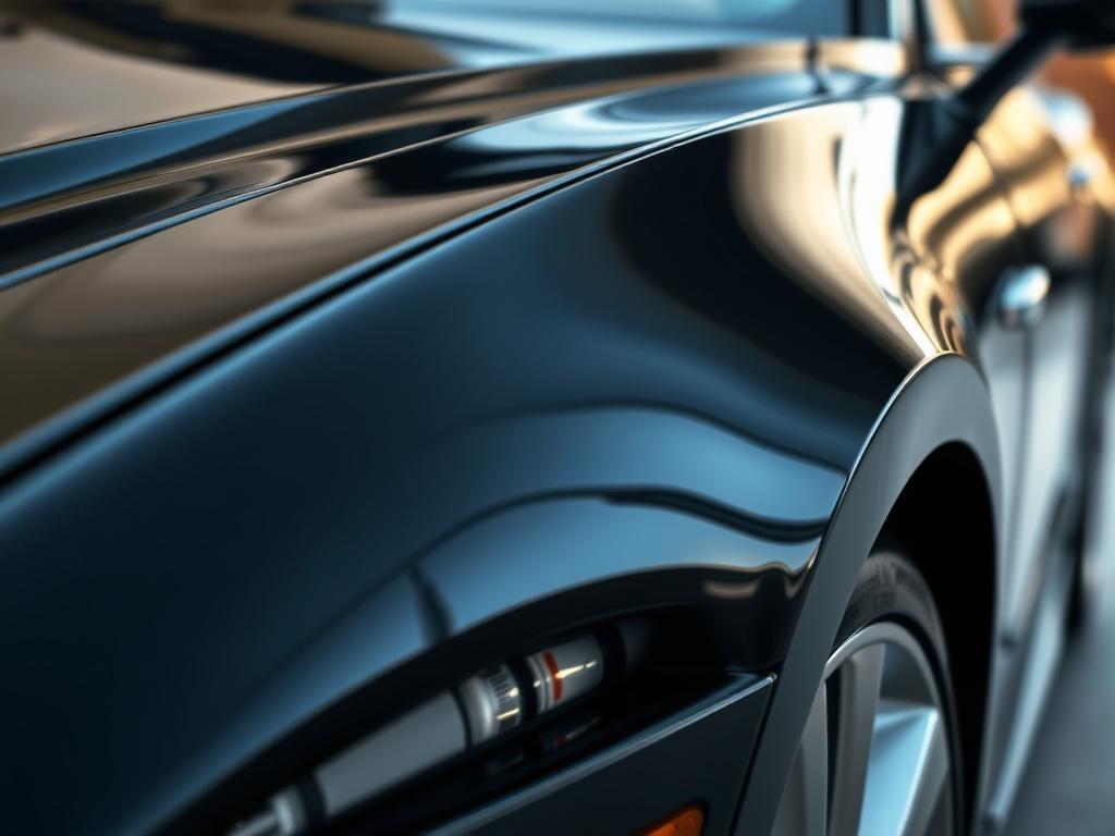 A close-up shot of a gleaming car exterior, capturing reflections on the paint surface. Show details such as a shiny hood and clean wheels, emphasizing the vehicle's immaculate condition. The background should be a soft blur, highlighting the car. Use a 45mm f/1.2 lens style for a hyper-realistic effect, ensuring the primary color rgb(242, 181, 15) is subtly integrated.
