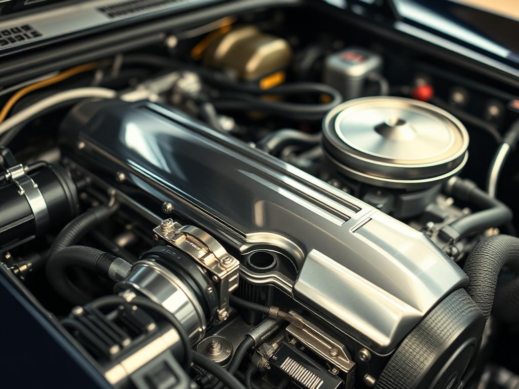 A close-up shot of a meticulously cleaned engine bay, showcasing gleaming metal and organized components. The image should focus on the details, such as polished surfaces and pristine hoses. The background should be slightly blurred, emphasizing the cleanliness of the engine. Use a 45mm f/1.2 lens style for a hyper-realistic effect, ensuring the primary color rgb(242, 181, 15) is subtly present.
