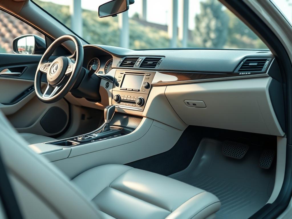 A close-up shot of a pristine car interior, highlighting a shiny dashboard, clean upholstery, and spotless floor mats. The image should be well-lit, showcasing the details of the interior, with a focus on cleanliness and freshness. Use a 45mm f/1.2 lens style for a hyper-realistic effect, ensuring the primary color rgb(242, 181, 15) is subtly incorporated into the setting.