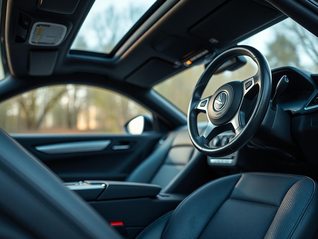 A hyper-realistic close-up shot of a clean car interior, focusing on the dashboard and seats. The surfaces should appear spotless and well-maintained, with soft lighting enhancing the textures. Include details like gleaming buttons and a polished steering wheel, ensuring the background is softly blurred to emphasize the interior cleanliness. Shot with a 45mm f/1.2 lens for a professional look.