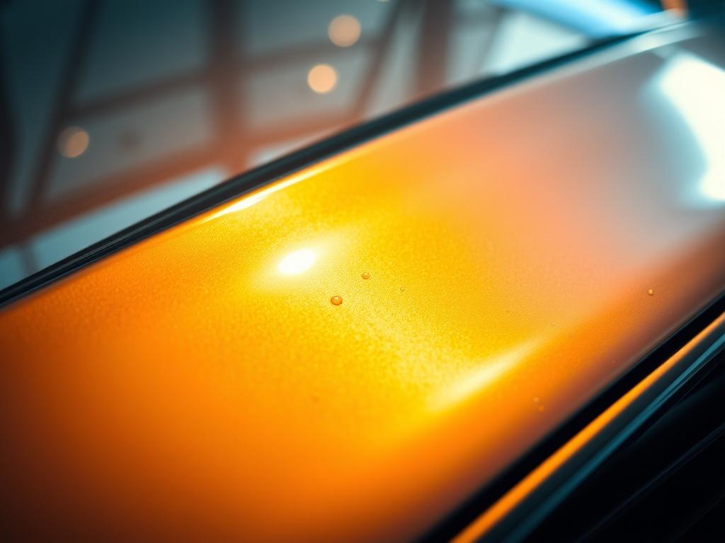 A close-up shot of a gleaming car hood, showcasing the shiny surface reflecting light. The background should be softly blurred, emphasizing the car's paintwork. The image should capture the details of the car’s surface, with droplets of water still visible, highlighting a recent wash and wax. Use a 45mm f/1.2 lens style for depth of field, ensuring the focus is on the hood with a warm lighting effect.