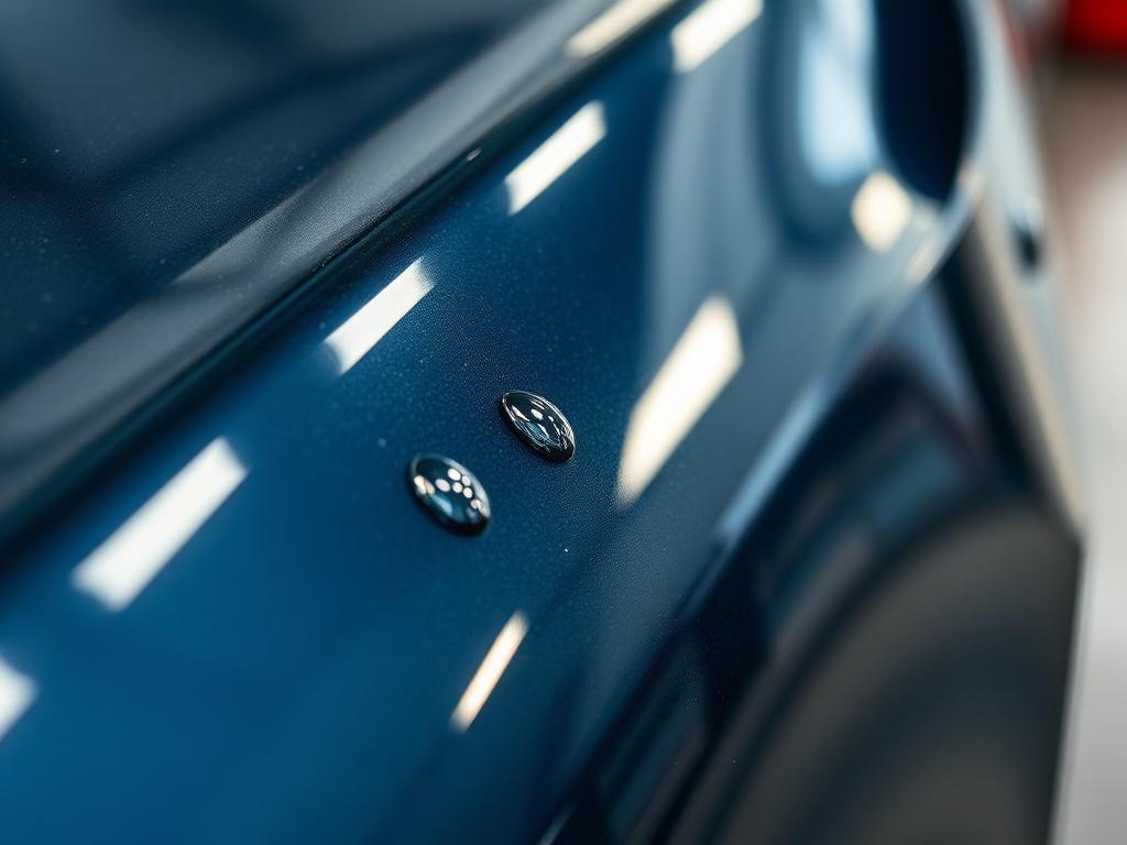 A close-up shot of a freshly coated car surface, showcasing the glossy finish reflecting light. The image should focus on the paintwork's texture, with a few water droplets enhancing the visual appeal. The background should be softly out of focus, keeping attention on the car’s pristine surface. Use a 45mm f/1.2 lens style for depth and clarity.
