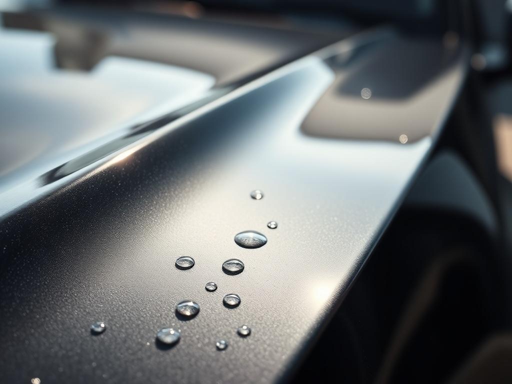 A close-up shot of a gleaming, detailed car hood reflecting sunlight, with water droplets glistening on the surface. The background should be softly blurred to emphasize the car's shiny finish, capturing the essence of professional car detailing. Use a hyper-realistic style to highlight the textures and colors.