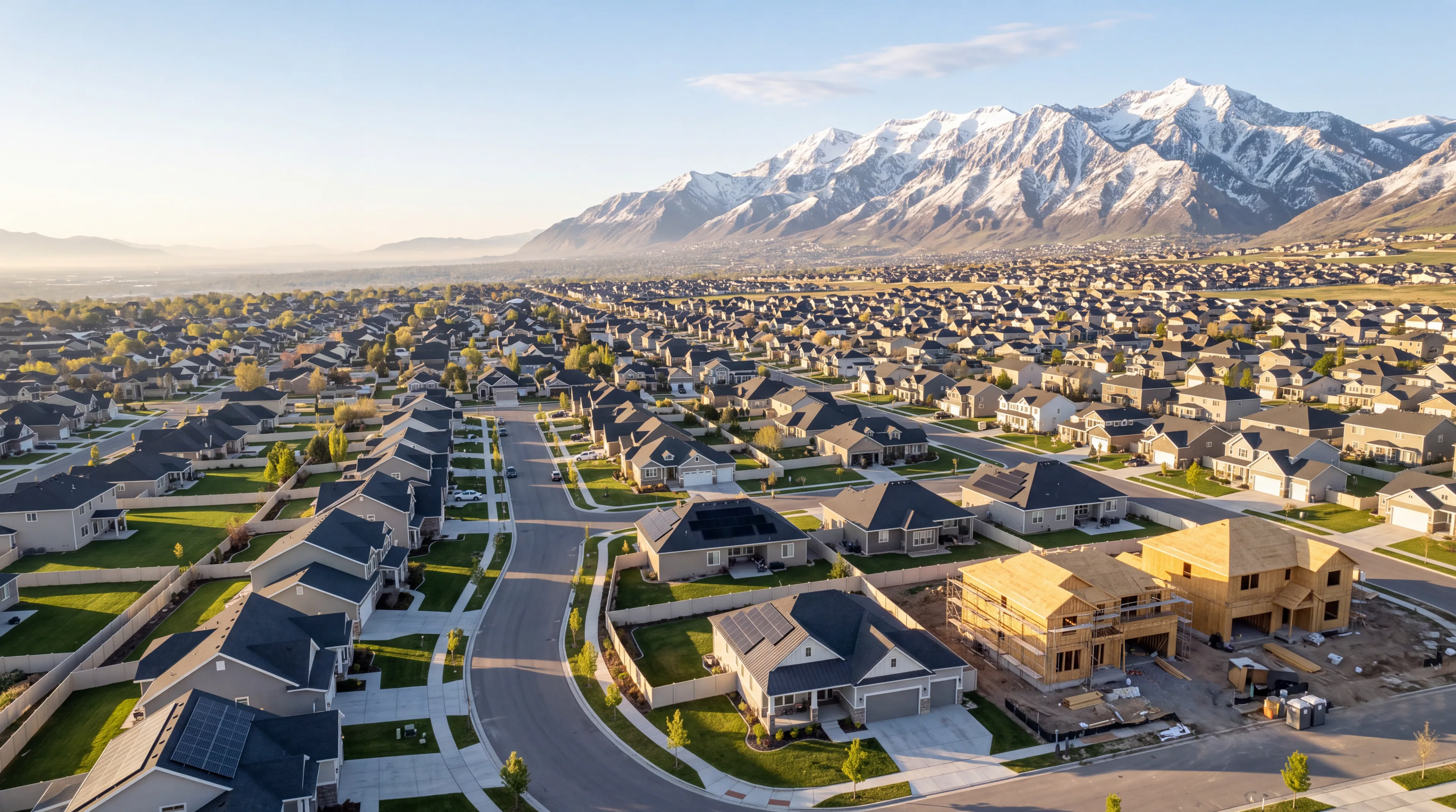 Sunrise over a new Salt Lake City neighborhood with homes under construction and the snow-capped Wasatch Range behind it