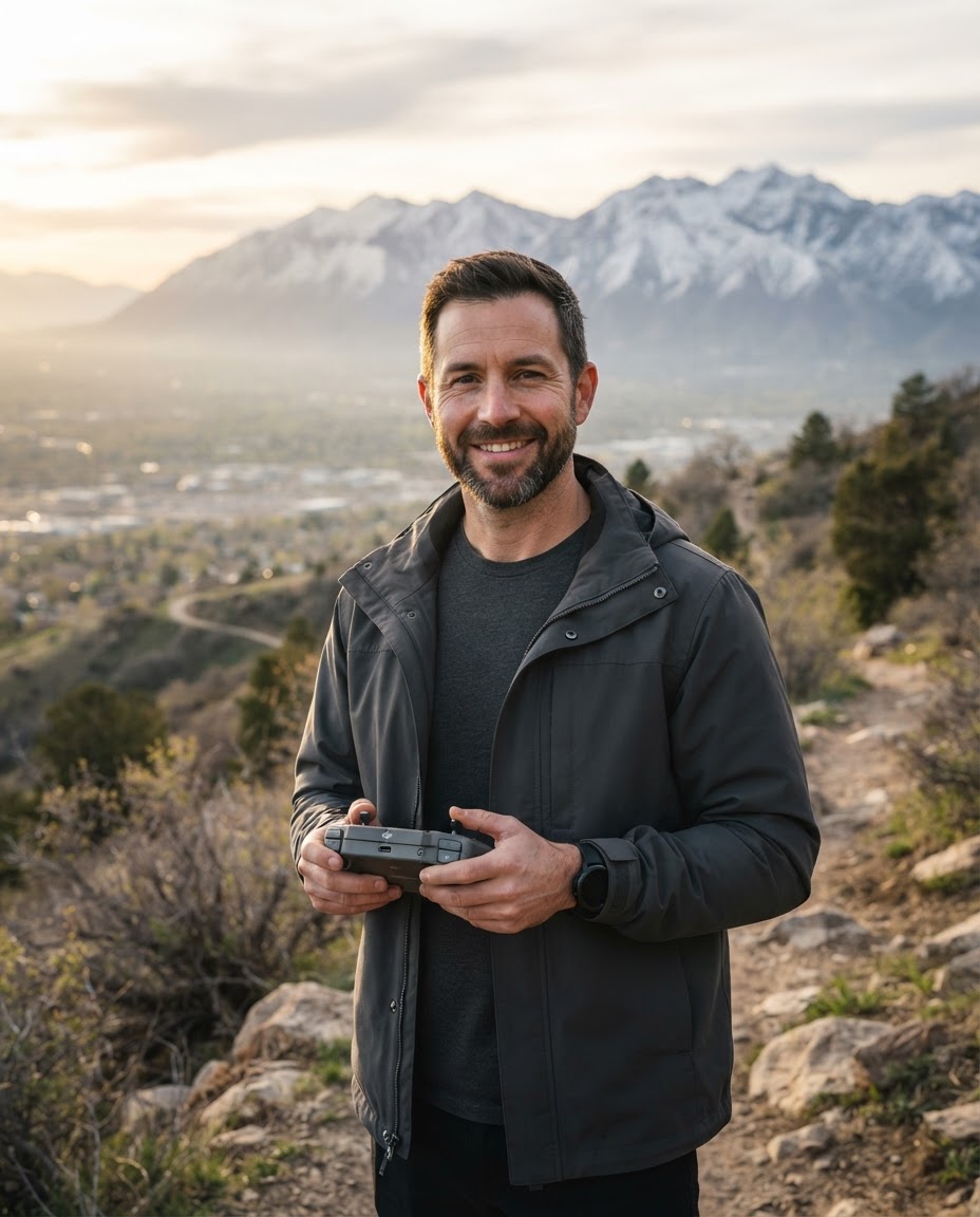 Marco Reyes, founder and pilot of Skyline Nine Aerial, on a foothill trail above Salt Lake City