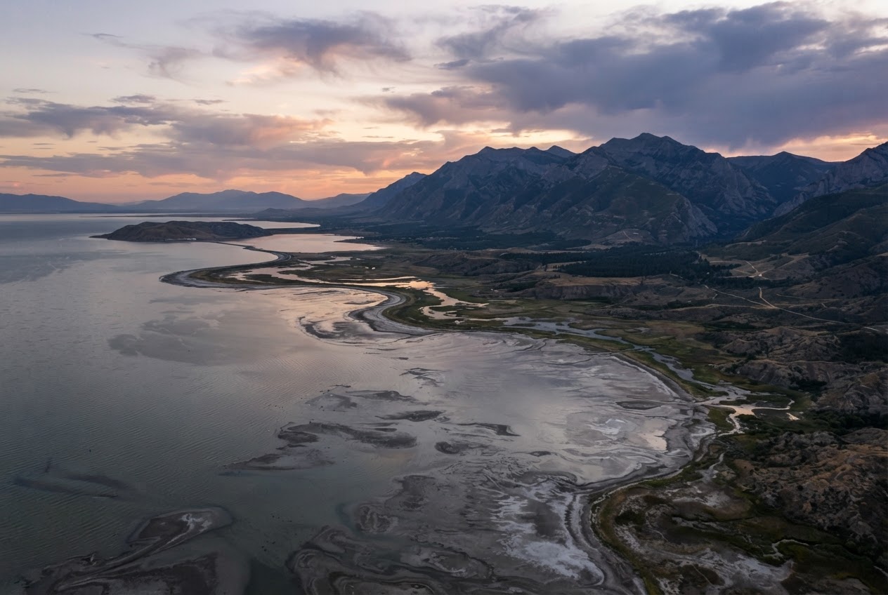 Aerial view of the Great Salt Lake shoreline and surrounding Utah mountains at dusk