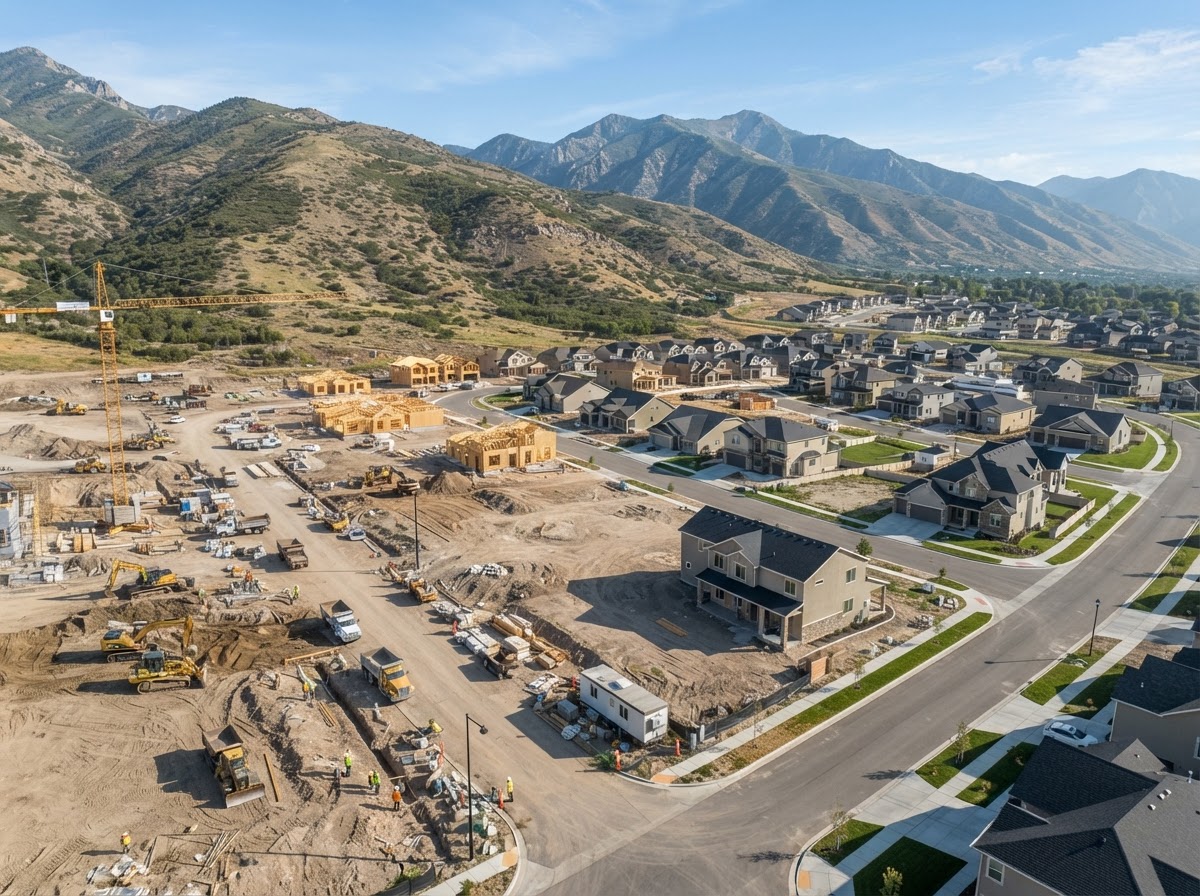 Aerial view of an active residential construction site near the Wasatch foothills