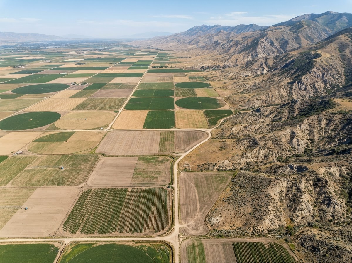 High-altitude top-down survey image of Utah fields and foothill terrain