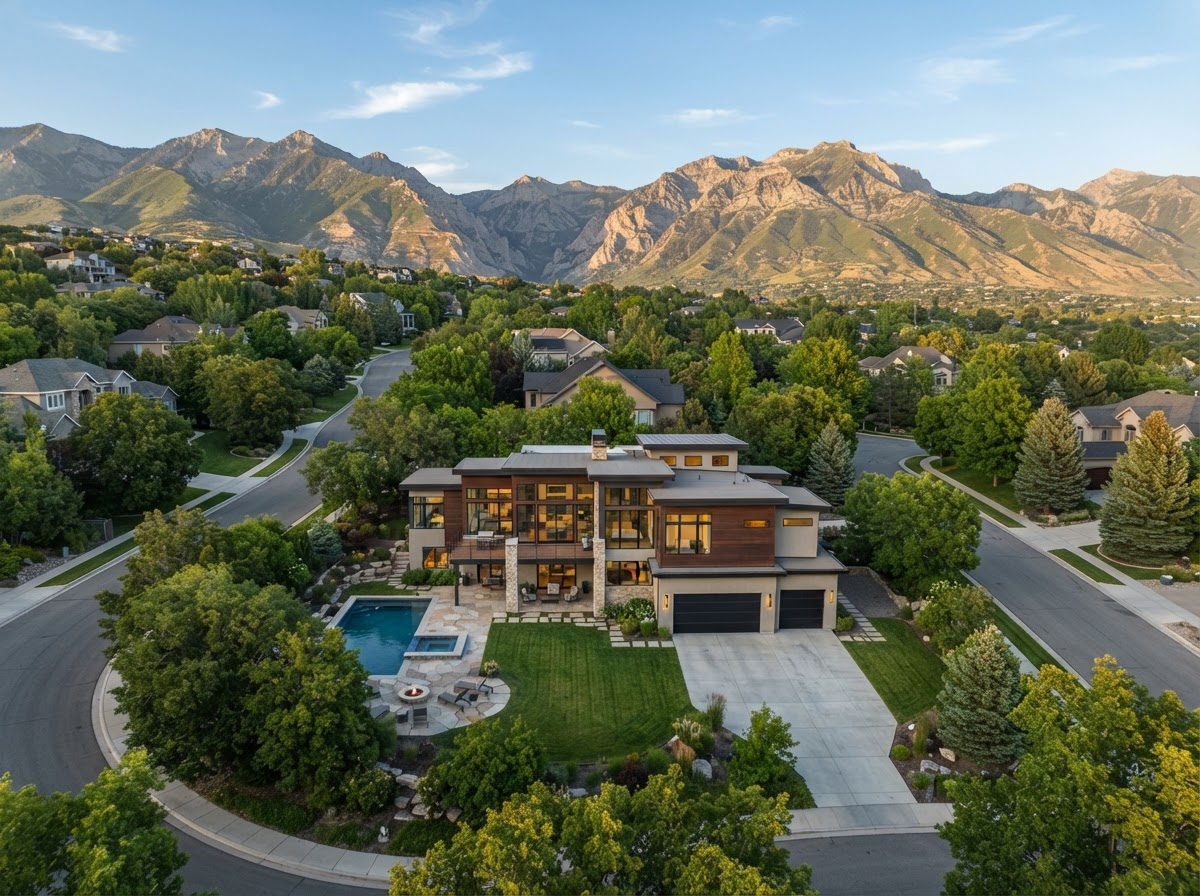 Modern Utah home and landscaped grounds with the Wasatch mountains behind