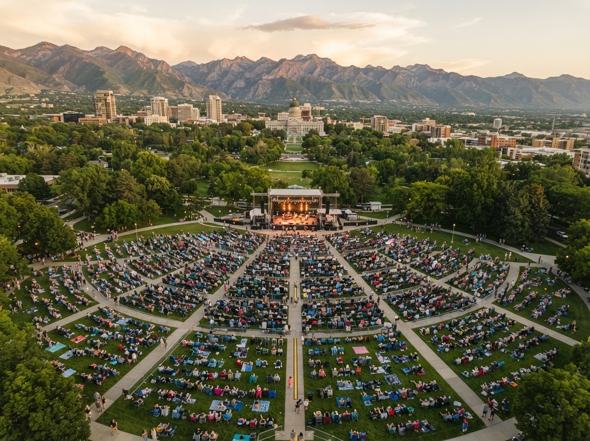Summer outdoor concert in a Salt Lake City park, photographed from above