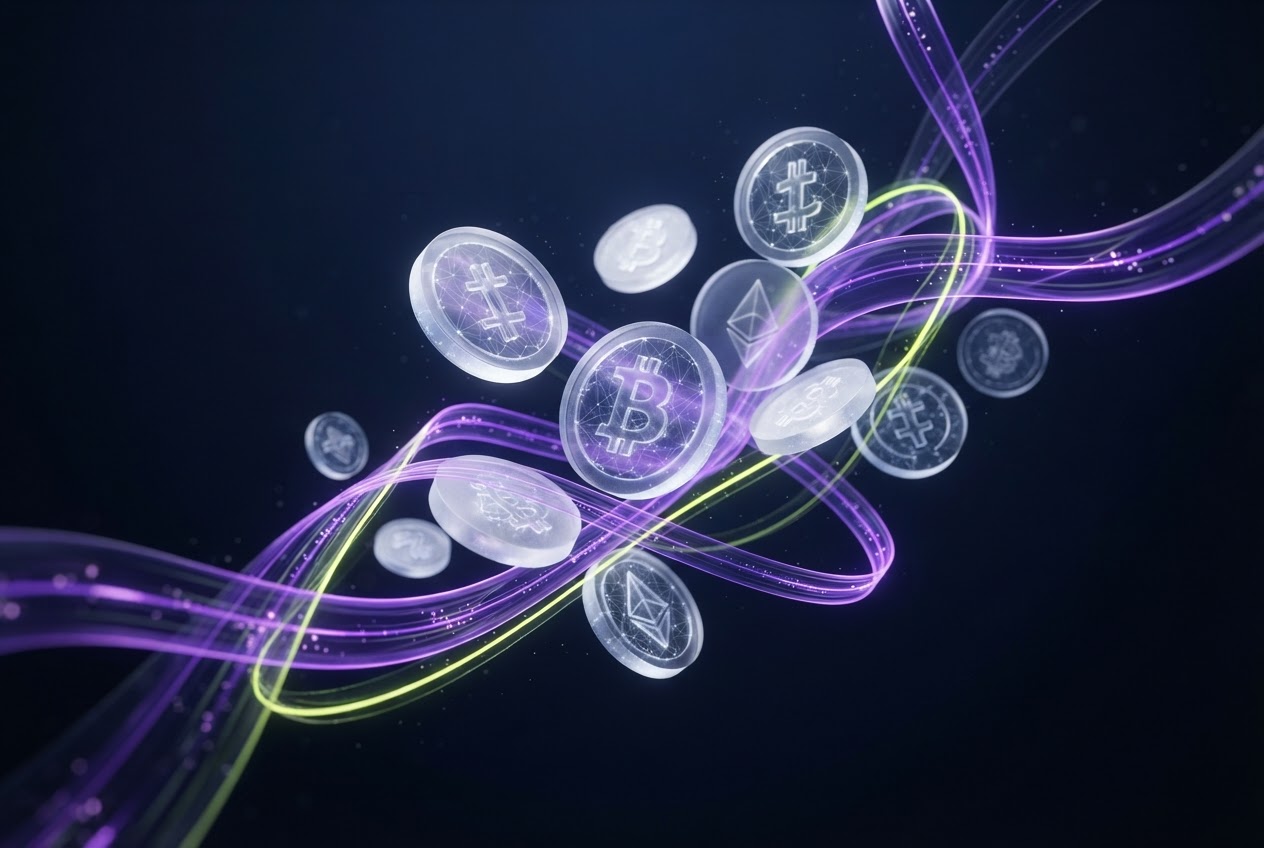 Abstract glass crypto coins and luminous data ribbons