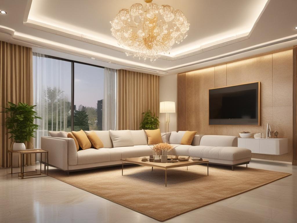A beautifully designed living room featuring elegant gypsum ceilings, vibrant