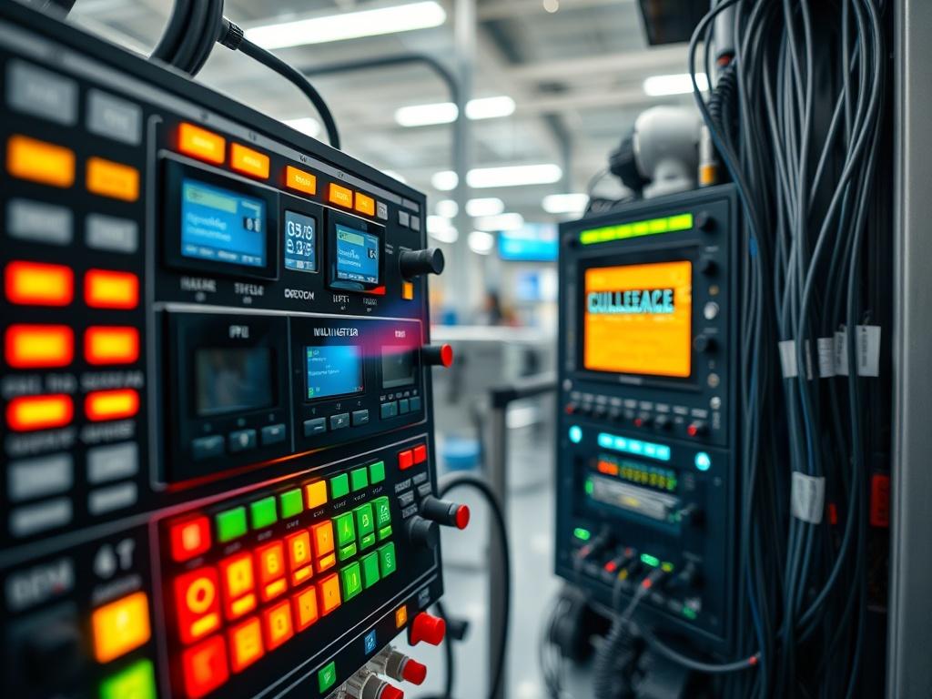 A close up shot of a PLC control panel with