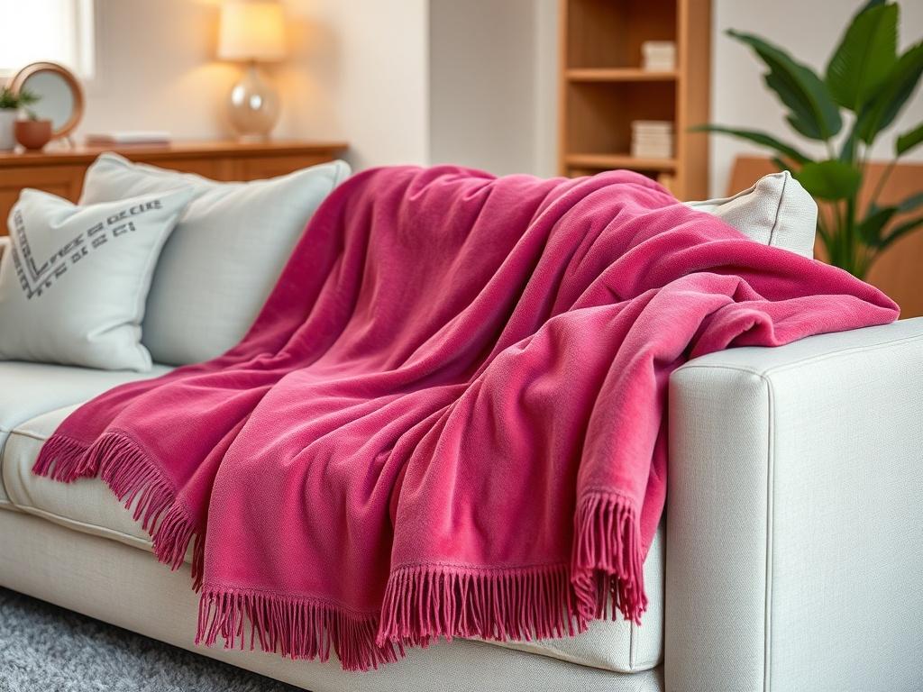 A cozy blanket displayed neatly on a soft, neutral-toned couch in a warm, inviting living room. The blanket features a vibrant color, showcasing its luxurious fabric. Natural light filters in from a nearby window, highlighting the texture of the blanket while the background remains softly blurred to emphasize the blanket as the main subject.