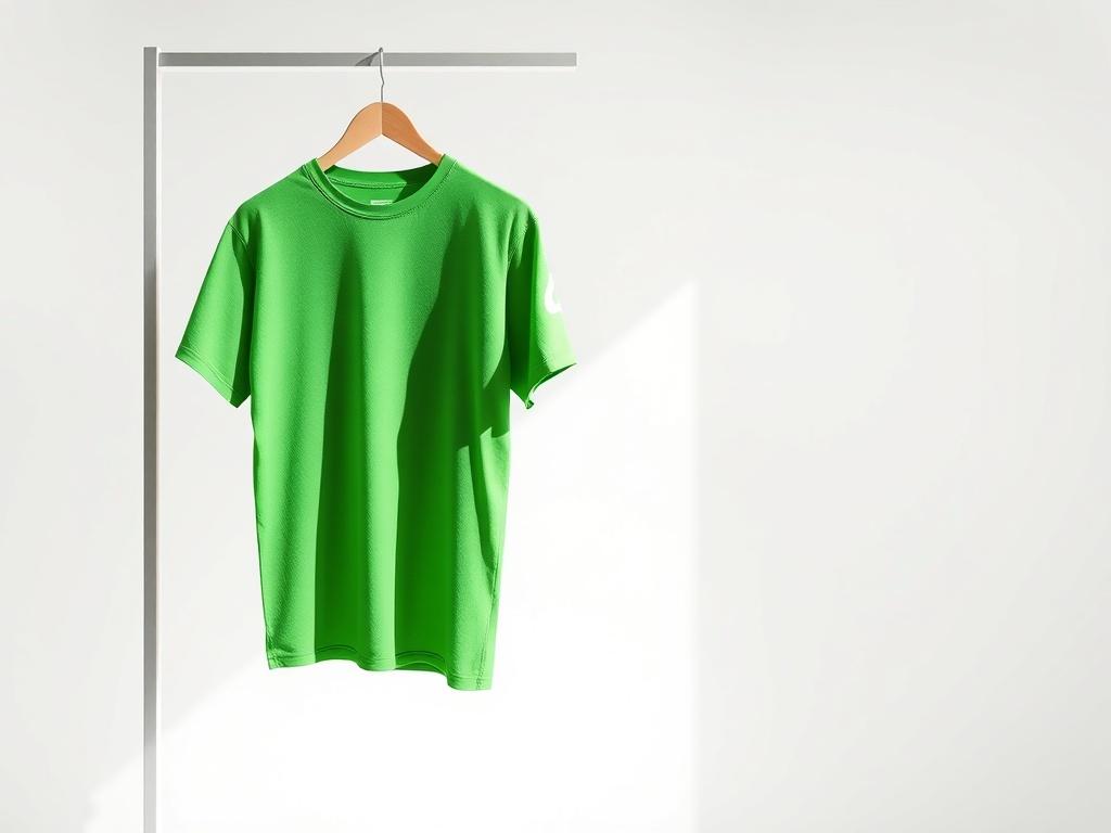 A realistic high-resolution photo of a Trendy T-Shirt hanging on a minimalistic display. The shirt is vibrant green, showcasing its modern design and flattering fit. The background is clean and light, allowing the shirt to stand out. The fabric appears soft and breathable, emphasizing comfort. The lighting is bright and natural, highlighting the shirt's details without distractions.