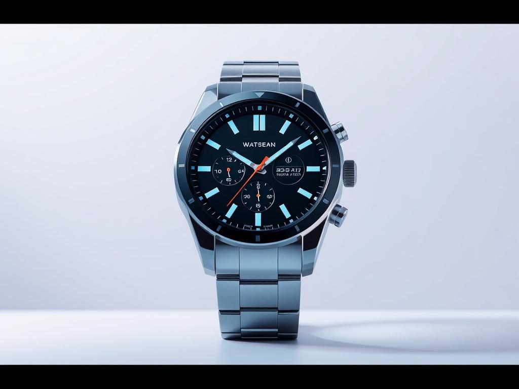 A photorealistic image of a modern, sleek watch displayed prominently on a minimalistic background. The watch should be the only subject in the image, showcasing its intricate details and craftsmanship. The background should be light and airy, enhancing the watch's design and color. Use bold vibrant colors that complement the watch's features, ensuring that the focus remains solely on the product.