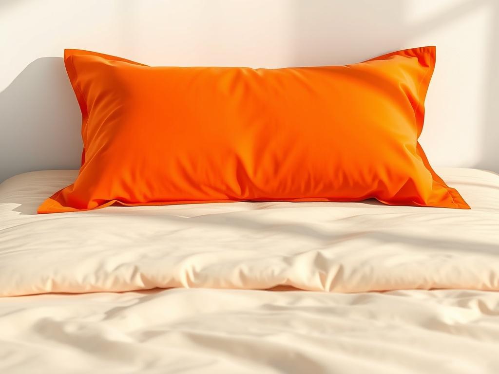 A realistic high-resolution image of a comfortable pillow case on a neatly made bed, showcasing its soft texture and vibrant color. The background should be minimalistic, focusing solely on the pillow case, with clean lines and a serene atmosphere.
