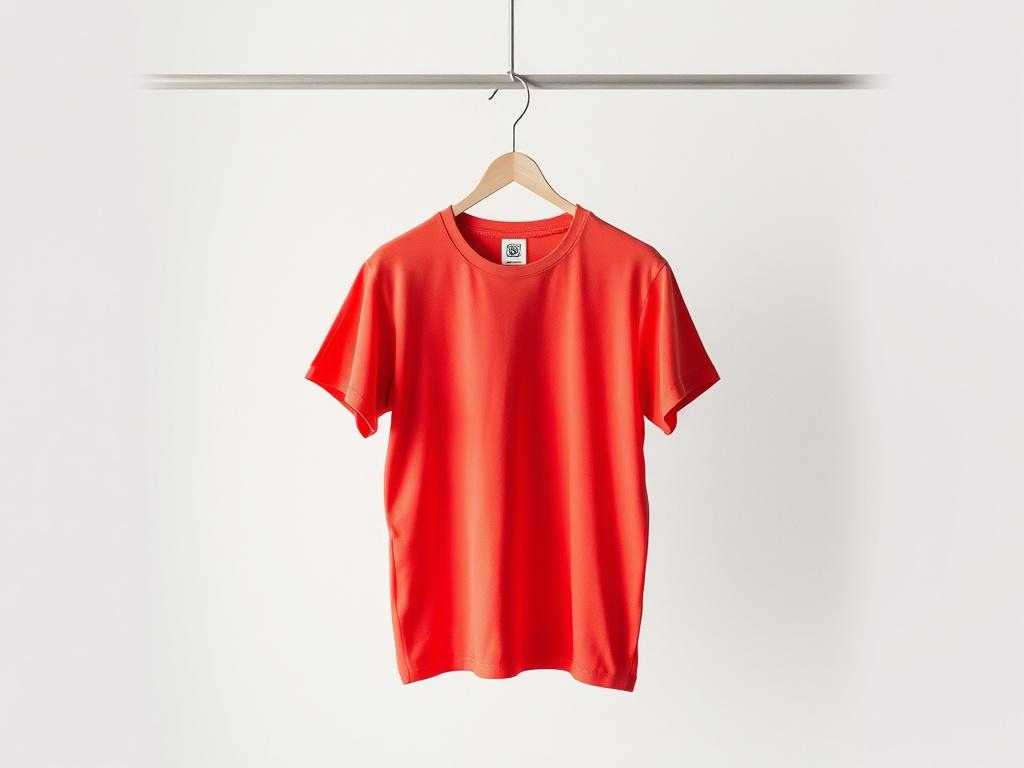 A realistic high-resolution image of a trendy t-shirt displayed on a simple hanger against a light background. The shirt should feature a vibrant design and be presented in a way that highlights its texture and color, with a clean and minimalistic composition.