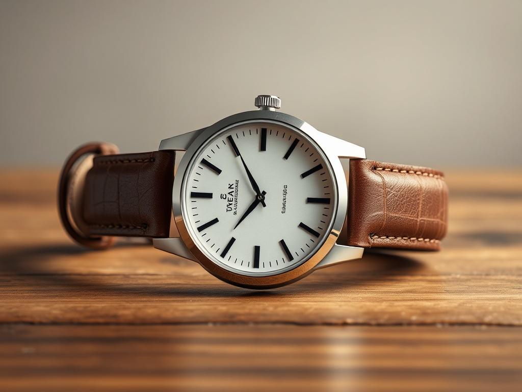 A classic watch with a stainless steel body and a genuine leather strap, displayed on a wooden surface. The watch face should show a minimalist design, emphasizing elegance. The background should be soft and neutral to highlight the watch's features.