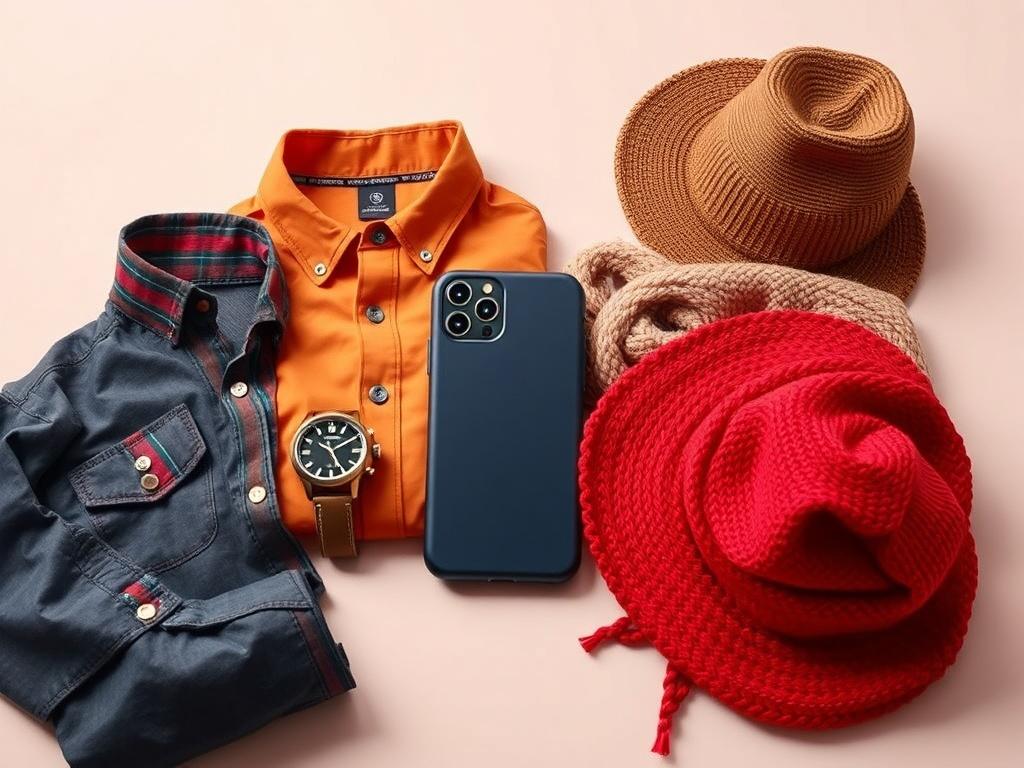 A realistic high-resolution photo of a stylish phone case displayed alongside a trendy watch, a fashionable shirt, a cozy pillow case, a warm blanket, and a stylish hat. The composition should be minimalistic with clean lines, featuring bold vibrant colors that capture attention. The background should be simple to emphasize the products, creating a lifelike and inviting atmosphere.