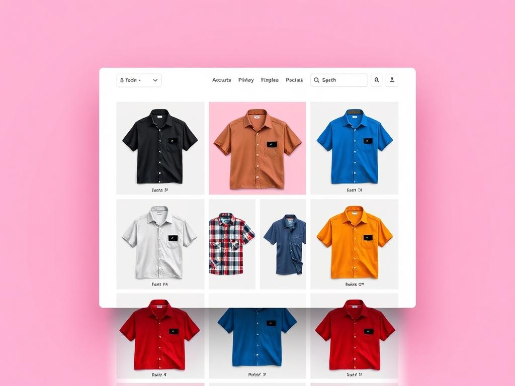 A clean, minimalistic webpage design showcasing a single comprehensive shirt product page with vibrant colors and clear images. The background should be simple with an emphasis on the shirt designs, featuring a grid layout that highlights various styles and colors. The overall composition should convey ease of navigation and an inviting shopping atmosphere.