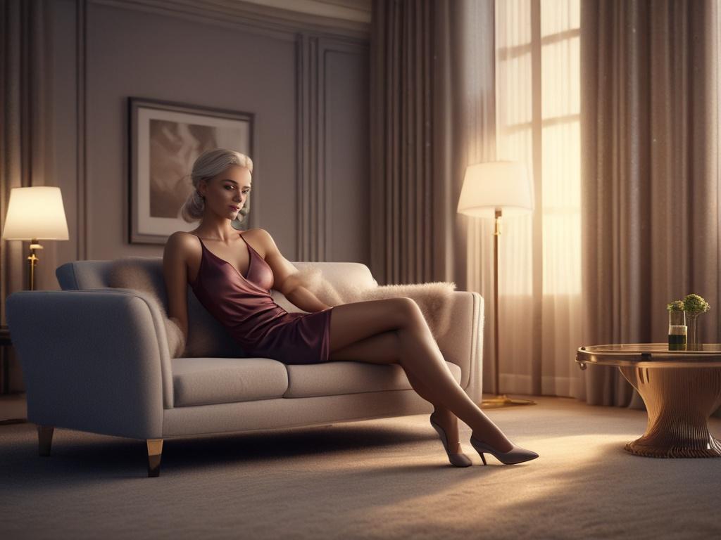 A stunning, glamorous escort in elegant attire, sitting gracefully on