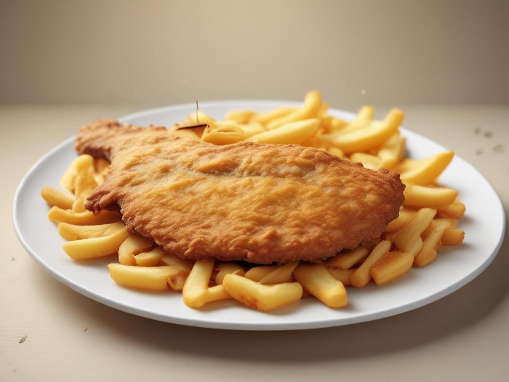 A realistic high-resolution photo of a delicious plate of fried catfish and chips, freshly coming out of the fryer. The catfish fillets are crispy and golden brown, placed on a white plate alongside golden, crunchy chips. The background features a cozy kitchen with soft lighting, enhancing the warm hues of the dish. The scene conveys a sense of comfort and indulgence, inviting viewers to savor this mouthwatering meal.