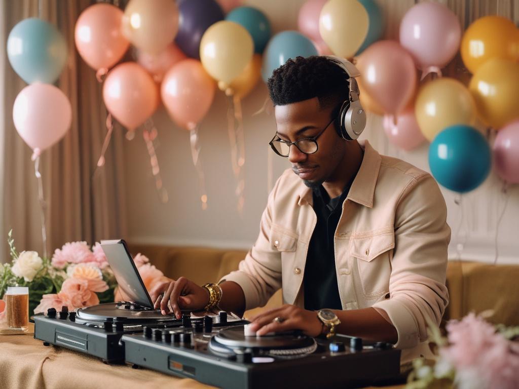 A black DJ skillfully DJ'ing at a cozy baby shower. The setting is warm and inviting, with soft golden hues illuminating the space. The DJ is focused on his equipment, surrounded by decorations like pastel balloons and a gently lit backdrop. Guests are mingling in the background, enjoying the serene atmosphere. The composition is clear, showcasing the DJ as the main subject, with a beautifully decorated table in the foreground.