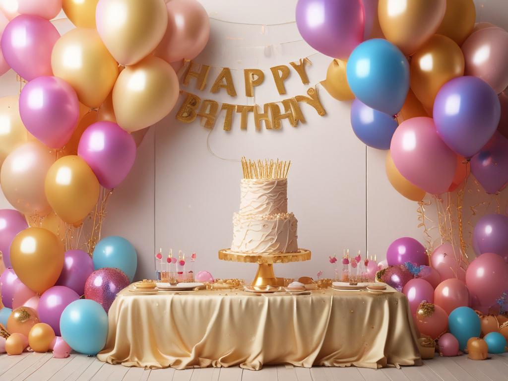 A vibrant birthday party setup featuring a beautifully decorated table with a colorful cake and party favors. The space is adorned with balloons and streamers, all under soft golden lighting that creates a festive yet cozy atmosphere. The background showcases a warm and inviting setting, making it the perfect spot for a birthday gathering. The focus is solely on the decorated table, emphasizing the celebratory mood.
