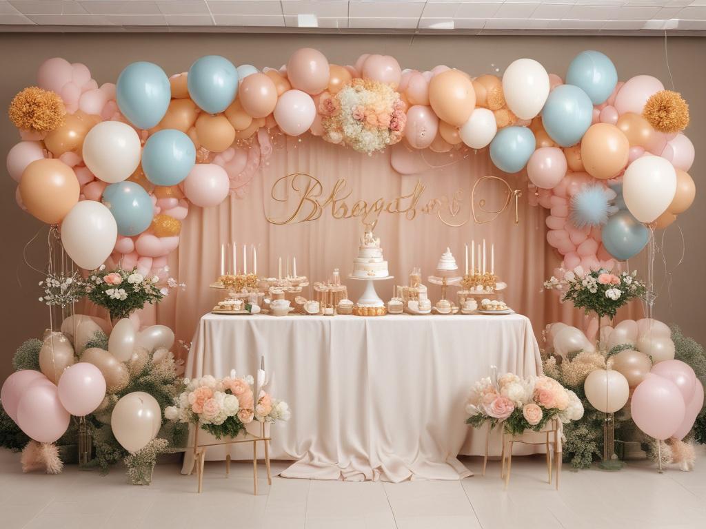 An elegantly decorated baby shower venue featuring soft pastel colors and cozy lighting. Tables are set with charming decor, including floral centerpieces and themed tableware. The background reveals a warm, inviting atmosphere filled with balloons and banners celebrating the upcoming arrival. The focus is on the beautifully arranged tables, highlighting the serene and festive ambiance.