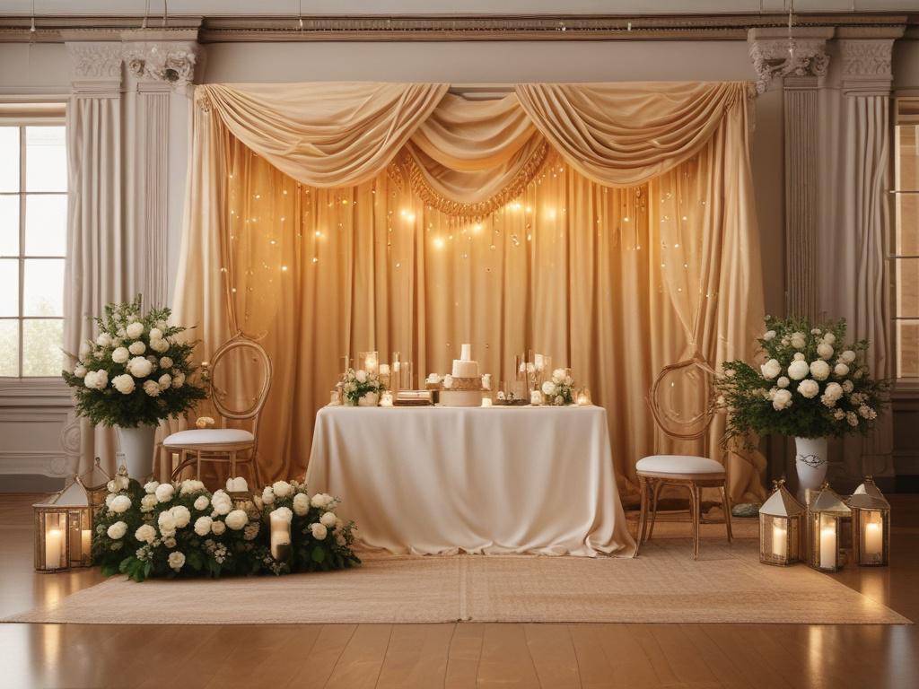 A beautifully arranged vendor booth within a cozy event rental space. The booth features an array of products displayed elegantly on tables, surrounded by soft golden lighting that creates a serene atmosphere. The background showcases a warm, inviting interior with subtle decor elements that enhance the cozy feel. The focus is entirely on the booth and its products, emphasizing a welcoming and professional setup.
