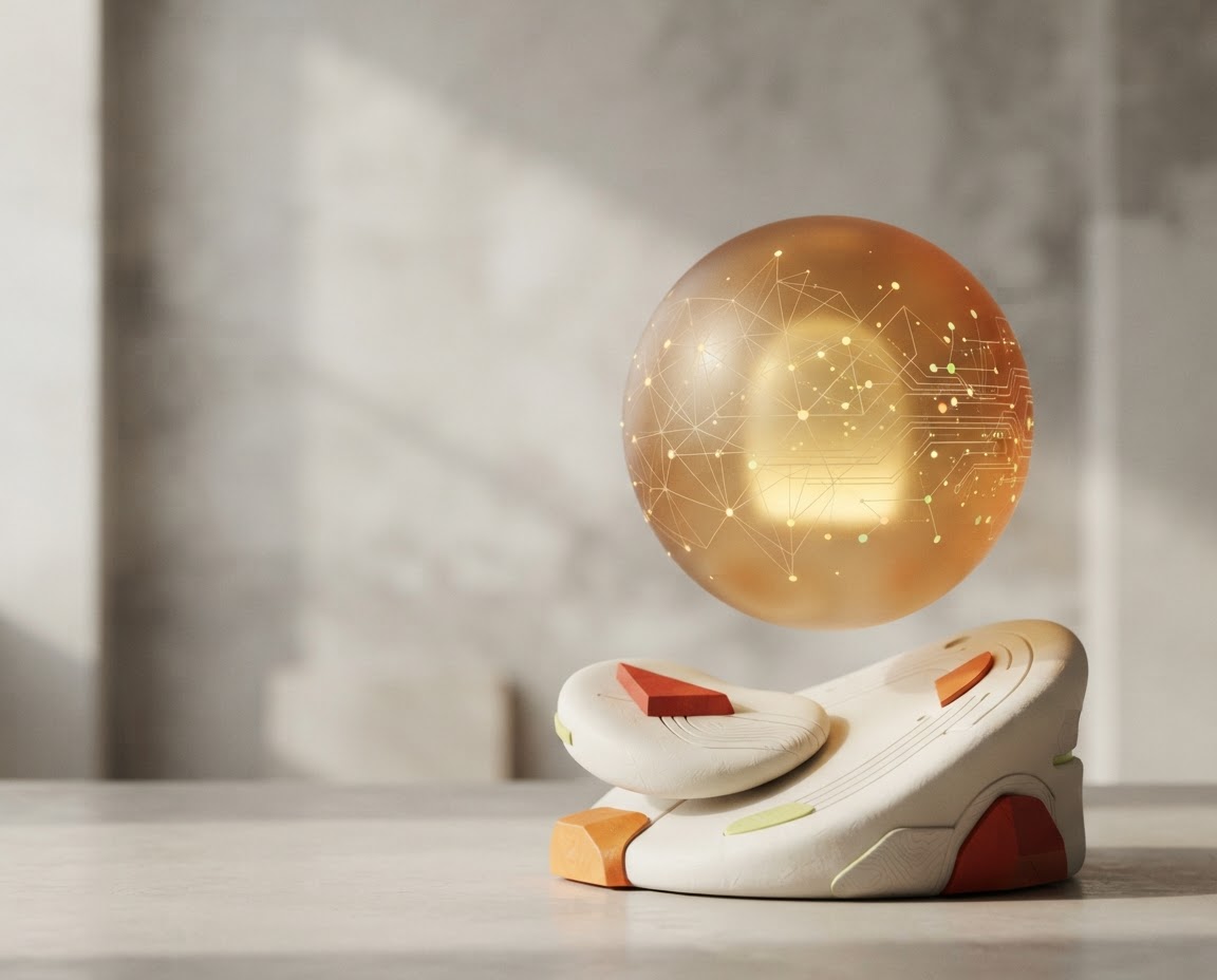 A glowing amber sphere with abstract connected network lines, representing a gateway into Web3