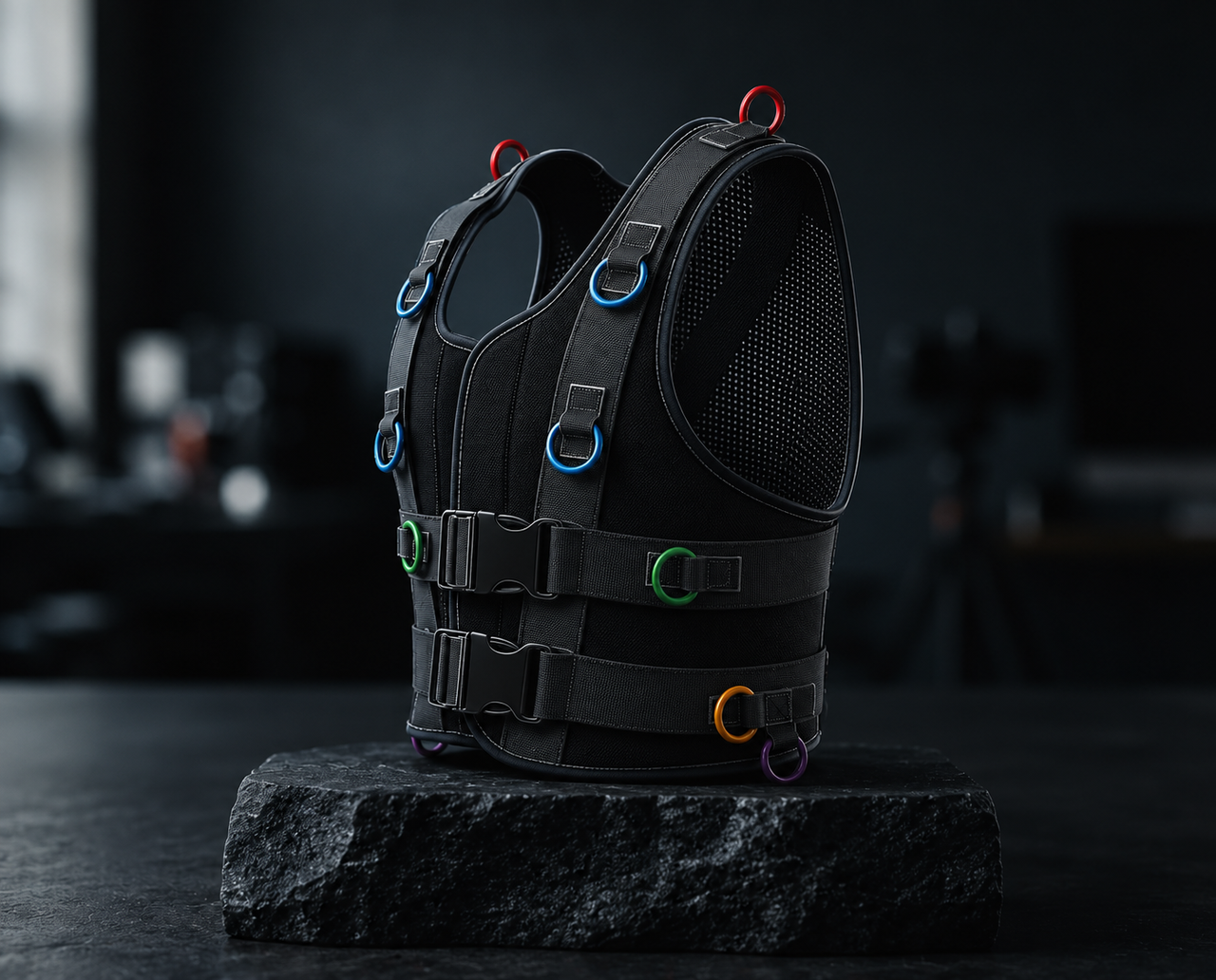 Abstract matte black recovery tool concept on a dark pedestal
