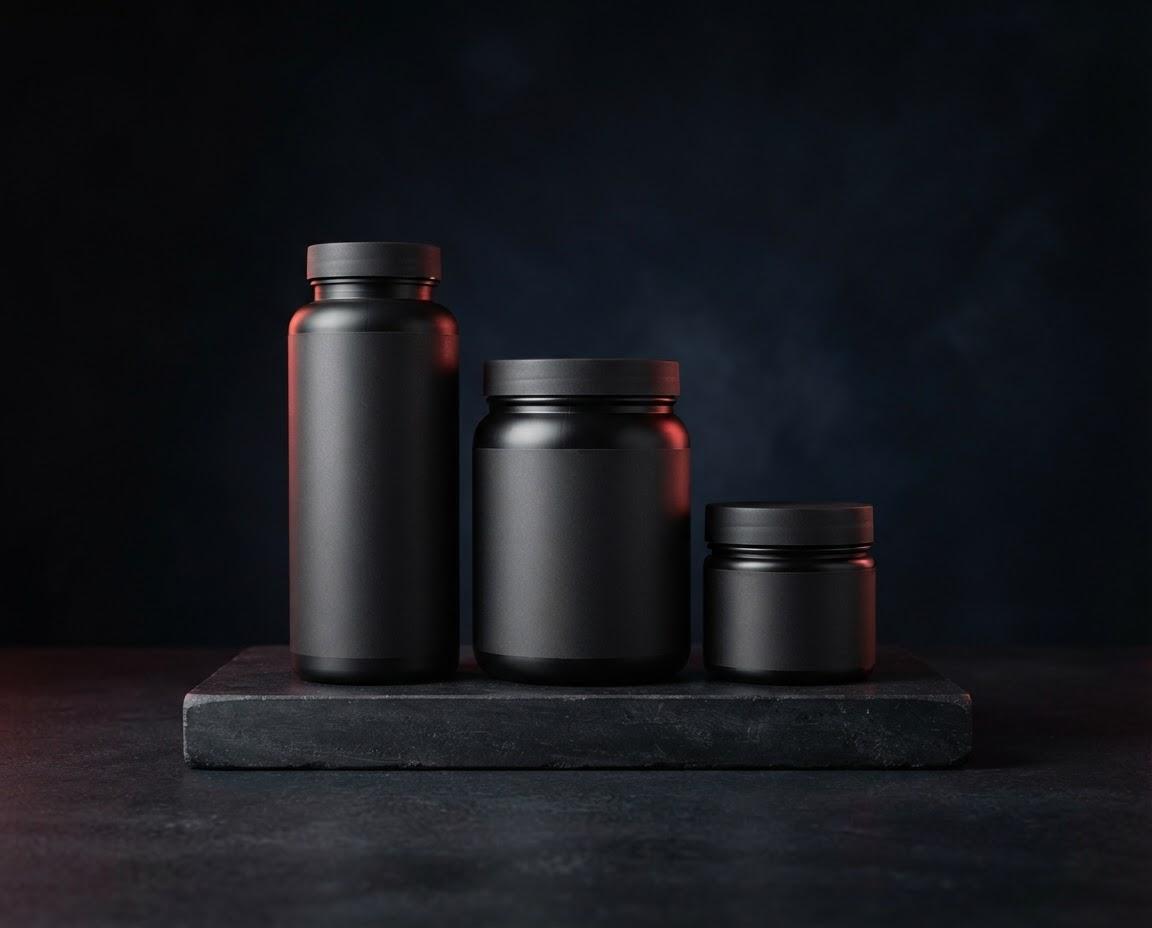 Unlabelled charcoal supplement containers presented as a visual placeholder