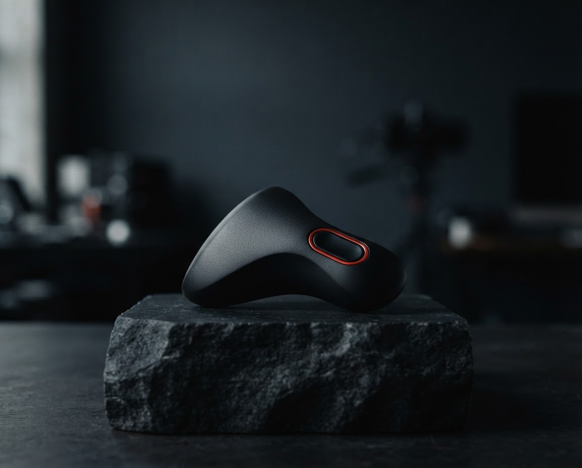 Abstract matte black recovery tool concept on a dark pedestal