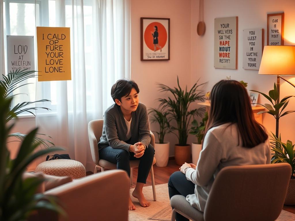 A compassionate mental health support session with a young person and a counselor in a peaceful room. The counselor is seated across from the youth, who is sharing their thoughts. Soft, gentle lighting fills the space, creating a calming atmosphere. The background features warm, inviting colors and supportive decor, such as motivational posters and plants, to enhance the feeling of comfort and safety.
