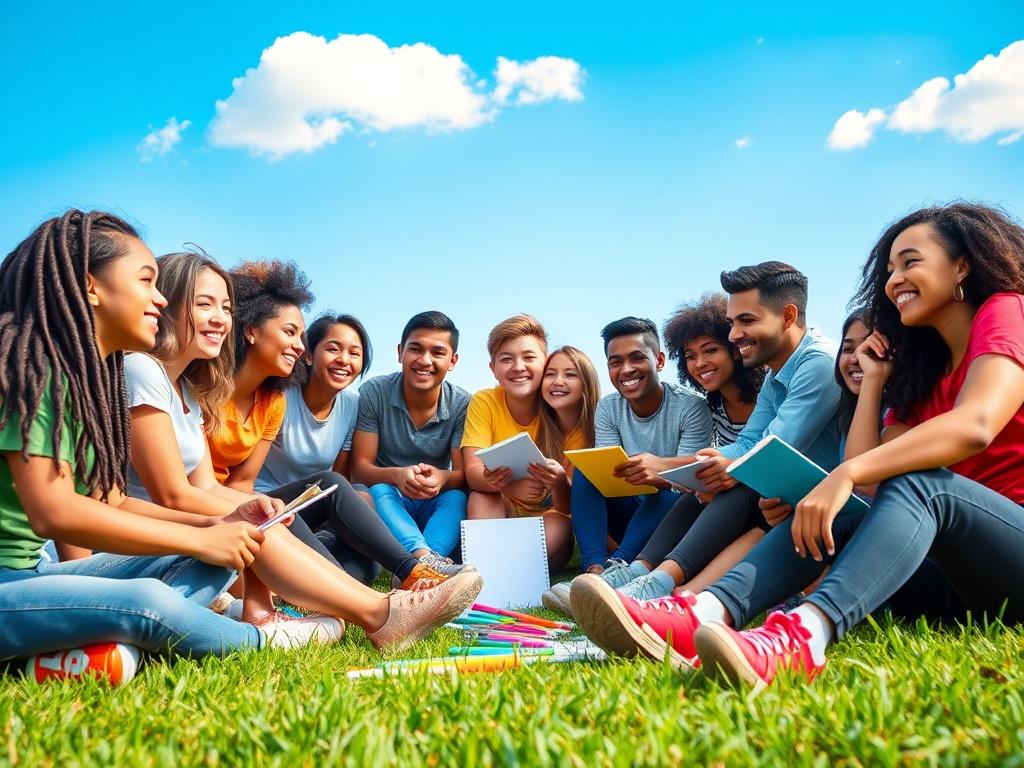 A vibrant and engaging image of a diverse group of multicultural youth, sitting together in a circle on a grassy field. They are smiling and sharing ideas, with notebooks and colorful art supplies scattered around them. The background features a bright blue sky and a few fluffy clouds, symbolizing a sense of freedom and creativity. The scene radiates positivity and empowerment, capturing the essence of youth collaboration and cultural pride.