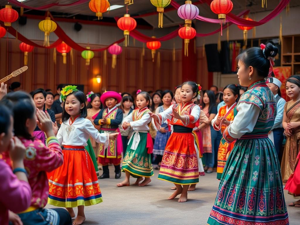A vibrant cultural event featuring Hmong youth performing traditional dance