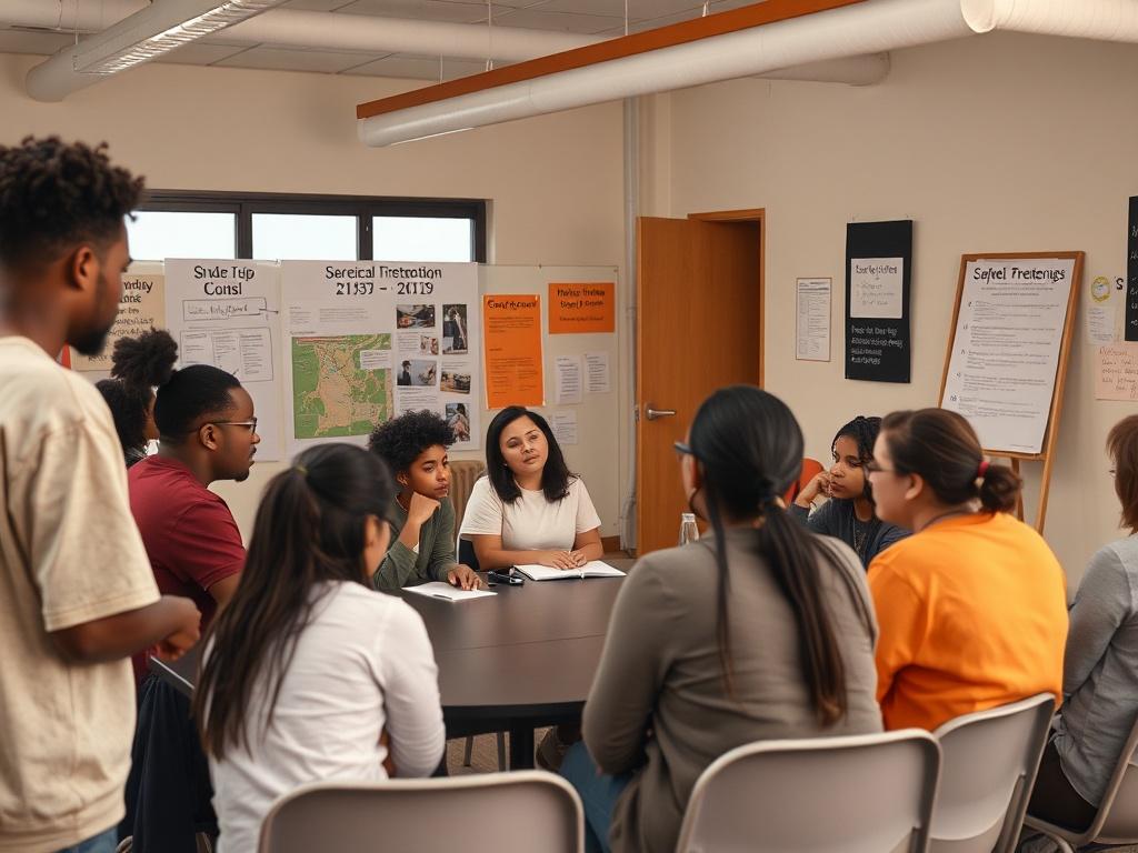 A community meeting in progress, where diverse youth are engaged