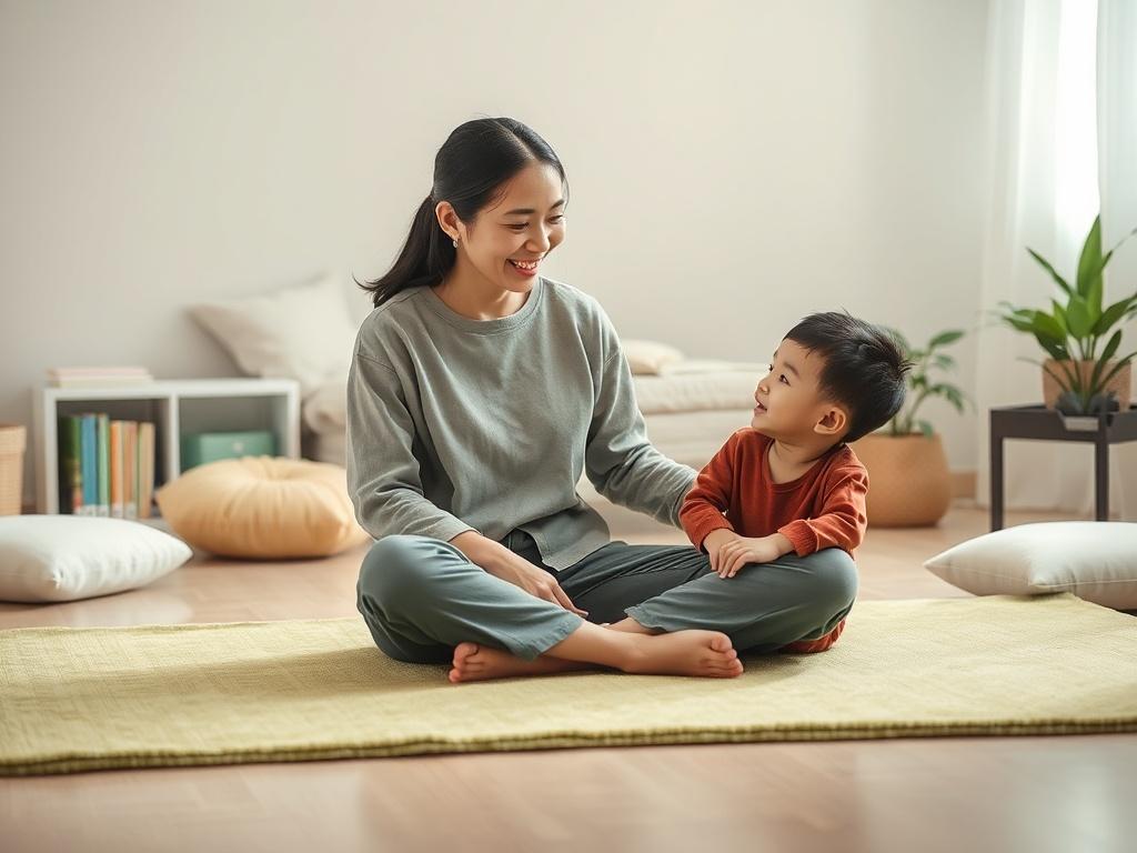 Create a realistic high-resolution photo that captures the essence of "Understanding Trauma-Informed Care" with a focus on youth empowerment. The composition should be simple and clear, featuring a single subject—a compassionate mental health professional, a middle-aged Asian woman, sitting cross-legged on a soft, calming green rug, engaging with a young Hmong boy, around 10 years old. The professional should be in a relaxed posture, leaning slightly forward, with a warm, empathetic smile as she listens int